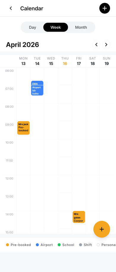 The TaxiPal calendar, week view for 13–19 April 2026: a pre-booked pick-up for Mrs Jack on Monday at 09:00, an EMA airport run for Mr Bake on Tuesday at 06:45, and a corporate pick-up for Mrs Gates on Friday at 14:00. Colour key: pre-booked, airport, school, shift, personal.