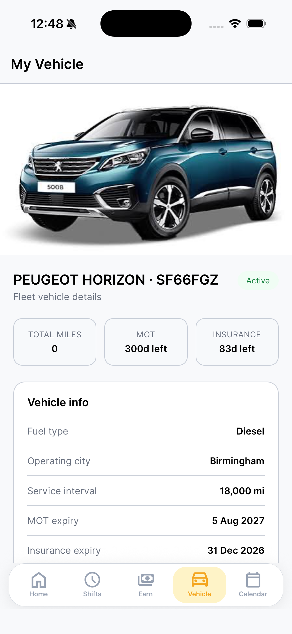 The TaxiPal My Vehicle screen: a black Mercedes marked Active, with total miles, MOT due in 13 days and insurance due in 74 days, then vehicle info: petrol, operating in London, a 10,000-mile service interval, MOT expiry 30 September 2026 and insurance expiry 30 November 2026.
